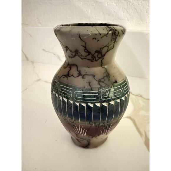 Other - Native American Navajo Horsehair Vase Blue Red Cream Pottery 5” Tall Signed